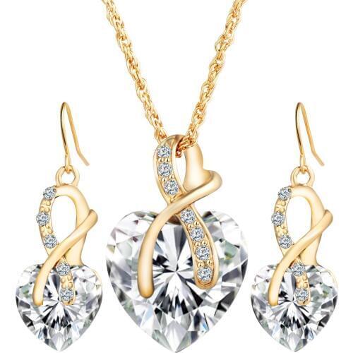 Luxury Trendy Heart Jewelry sets earring and pendant Design CZ Wedding engagement gift For Brides gold-color Jewelry