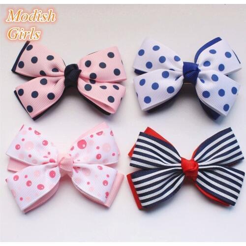 Christmas Gift Bows Hair Clips Girls Round Dot Ribbon Bowknot Red and Blue Lace Double Layer Kids Hairpins 20pcs/lot Kids Ribbon
