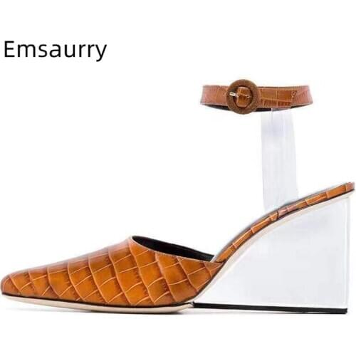 Stone Grain Genuine Leather Sandals Women Clear Crystal High Wedges Pointed Toe Ankle Strap PVC Transparent Summer Shoes Woman