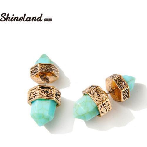 Shineland European Ethnic Jewelry Trendy bijoux Earrings Hexagonal Prism Pile Blue Stone Double Stone Stud Earrings Women