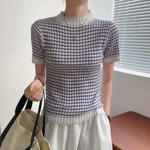 LJSXLS Summer Knitted Striped Tops For Women Fashion Mock Neck Short Sleeve Pullovers Blue Casual Sweater Women Female Clothes