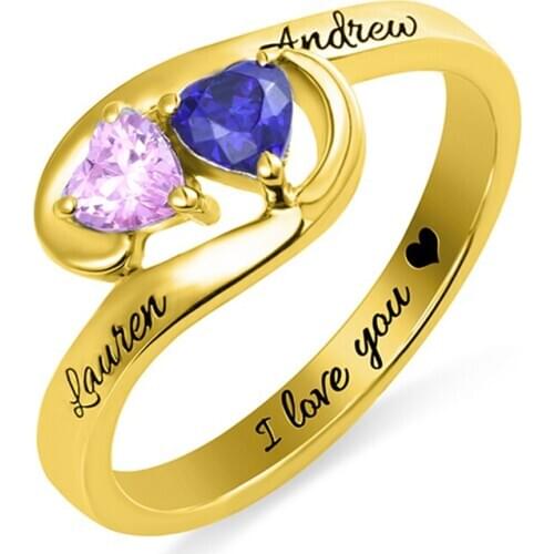 Uonney Dropshipping Jewelry Manufacture Engraved Two Heart Birthstones Promise Ring For Women Gift Mom Ring Gold Color Accessory