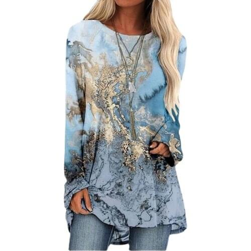 Spring Autumn Long Blue Round Neck Tops Long Sleeve Dress Creative Printed Urban Womens Clothing Loose Plus Size Dresses