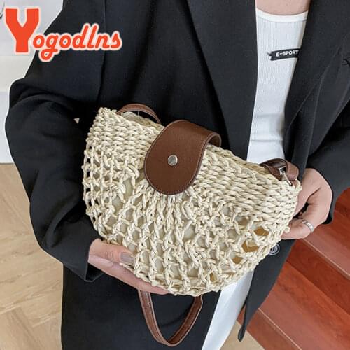 Yogodlns Handmade Rattan Woven Straw Bag Summer Beach Bag for Women 2021 Bohemia Messenger Crossbody Bags For Girls Daily Purse