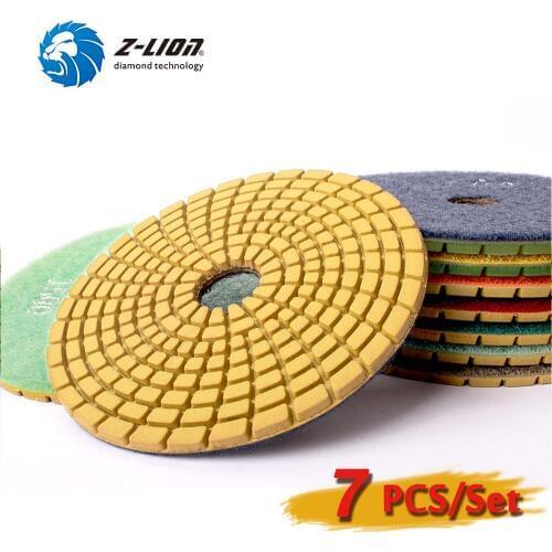 Z-LION 4" 7PCS/Set Diamond Polishing Tool For Granit Marble Stone Flexible Wet Sanding Pad 100mm Angle Grinder Disc