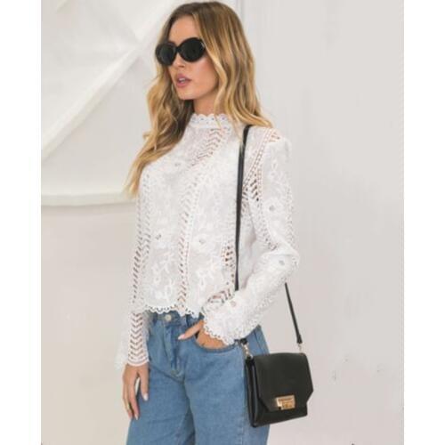 2020 Elegant White Lace Blouse Shirt Sexy Hollow Out Embroidery Feminine Blouse Women Long Lantern Sleeve Summer Tops Female