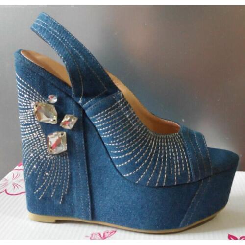 Real picture fashion women rhinestone high heel denim pumps spring summer peep toe slip-on wedge shoes woman wedding party dress