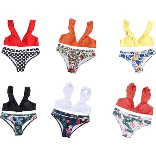 Women Sexy 2 Pieces Bikini Set Swimwear Ruffle Backless Bra Printing Thong Swimsuit Bathing Suit Beachwear