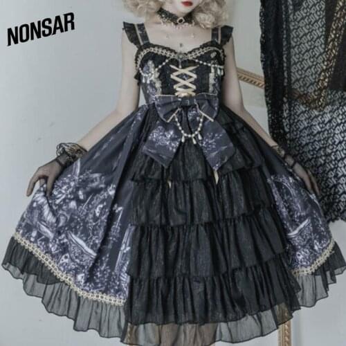 NONSAR Original Design Lolita Dragon Witch Gothic Dark Jsk Sling Black Cake Dress Lace Cool Women Summer New