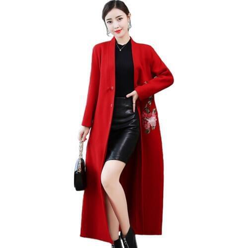 Woolen coat women 2019 Autumn Winter embroidery Lengthen Woolen coat Retro Casual tops elegant female Slim Basic coats Plus size