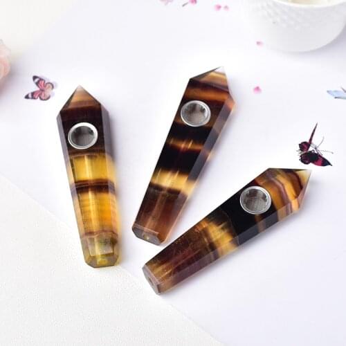 1PC Natural Crystal Stone Natural Yellow Fluorite Smokey Pipe Reiki Healing Quartz Handmade Crafts Crystal Point Wand Obelisk