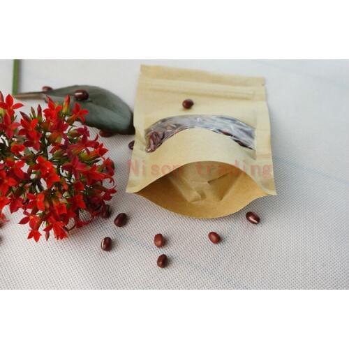 100pcs/lot 18*26cm stand up Kraft paper ziplock bag with window, reusable craft paper zipper storage food doypack self-seal