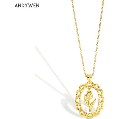 ANDYWEN 925 Sterling Silver Gold Oval Flower Pendant Necklace Long Chain Women Fashion Jewelry Fine Rock Punk Jewels Luxury