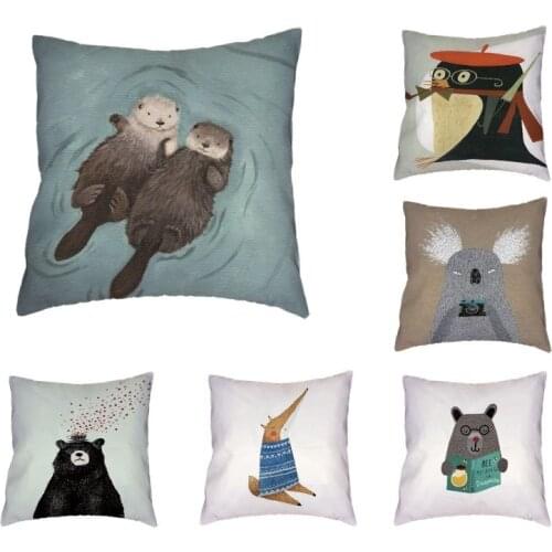 Animals Cheap Cushion Cover Otter Penguin Thinking Fox Pillow Cover Bear Reading Pillowcase Room Office Couch Decorative Pillows