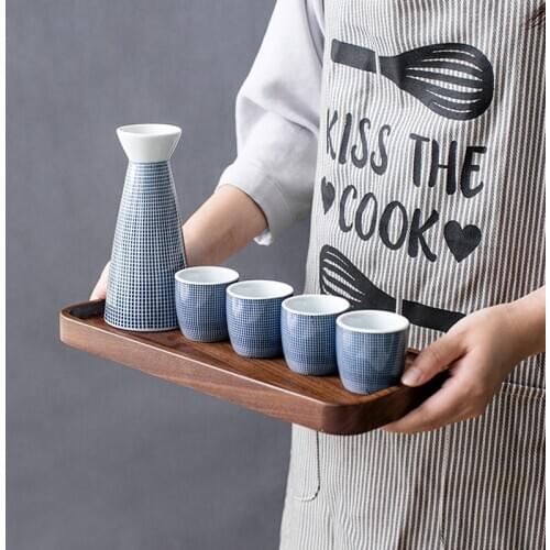 Ceramic Round Striped Sake Hip Flask Japan 1 Pot 2/4 Cups Shochu Wine Set Creative Hand-Painted Ceramic Bar Set Bb50
