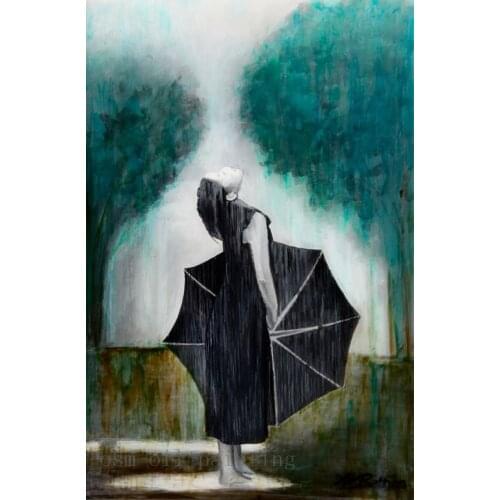 Handmade Modern Abstract the Girl with Umbrella in Rain Emotional Abstract Wall Art Oil Painting on Canvas Handmade Hang Picture