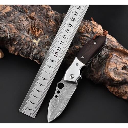 Red Rosewood Handle Folding Knife Damascus Steel Outdoor Knife Camping Survival Sharp Self-defense Knife