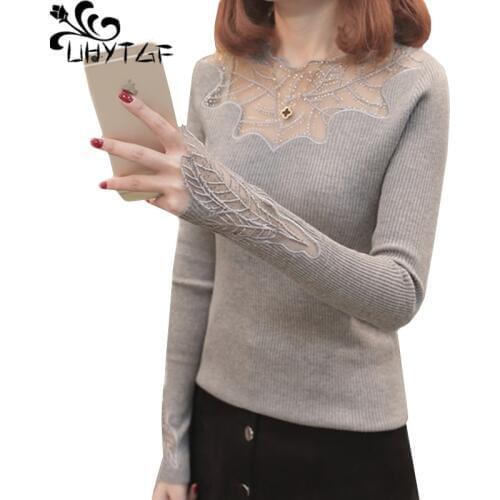 UHYTGF Sweater woman new Lace splice mesh knit spring sweater female fashion Diamond Elegant Slim short sweaters pull femme 879