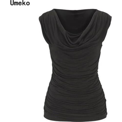 Umeko Fashion Women Summer Sleeveless V-neck Pleated Pure Color Casual Slim Tops Women Clothes Crop Top Women T Shirt Plus Size