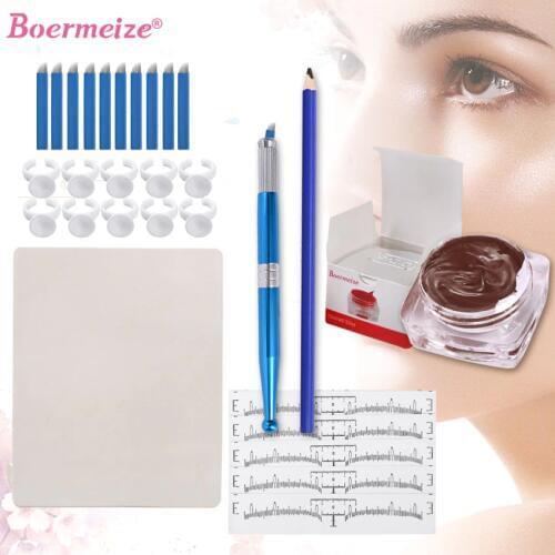 Eyebrow Microblading Kit Tattoo Blades Needles Ink Cup Manual Pen Eyebrow Stencil Pencil Practice Skin Set Permanent Makeup Kit