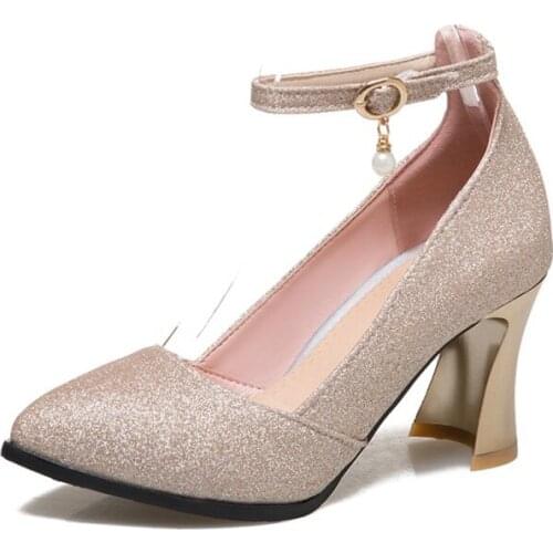 Big Size Ladies high heels women shoes woman pumps Sequins Rough heeled high heeled single shoes