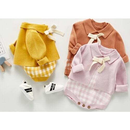 Vintage plaid romper baby girls cotton knitted cardigans +jumpsuit for girls overalls toddler baby clothing set children outfits