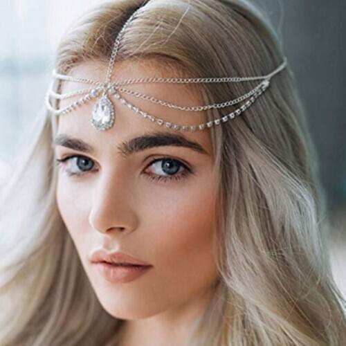 Bohemian Rhinestone Bridal Head Chain Jewelry for Women Headpiece Crystal Hair Chain Accessories Wedding Hair Jewelry Head
