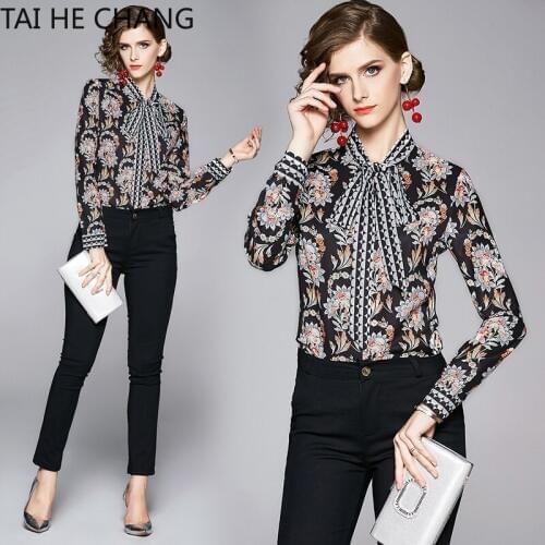 2019 New Tops Summer Fashion Retro Casual Shirt Long Sleeve Print Vintage Work Office Blouses Shirts Women