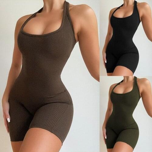 2021 Sleeveless Halter Solid Backless Ribbed Skinny Bodycon Playsuit Women Casual Stretch Slim Sports Jumpsuit
