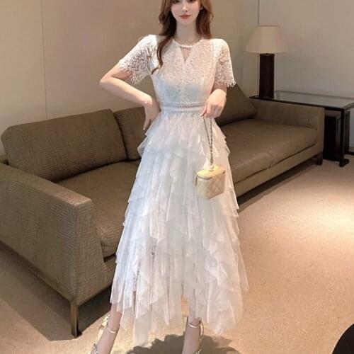 Summer Elegant Waist Self-cultivation Holiday Dress Retro Fashion Women Lace Stitching Mesh Irregular Fairy Party Dress Vestido