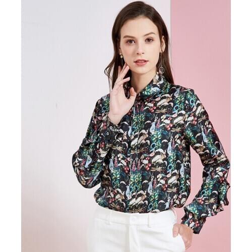 100%real silk boulses for women high quality 2020 summer green digital floral office shirts long sleeve casual sexy plus size