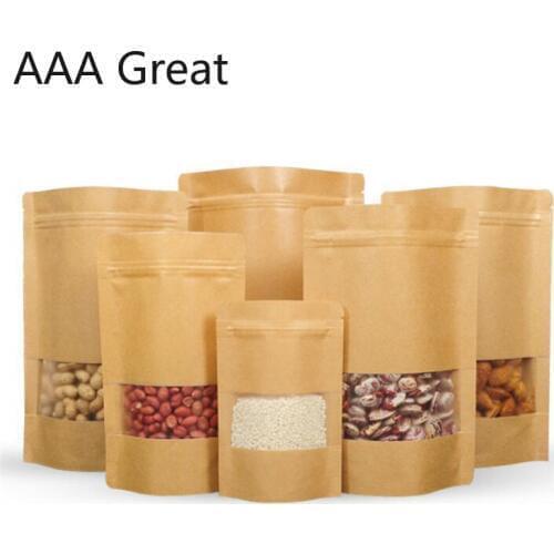 100Pcs/Lot Brown Stand Up Kraft Paper Zip Lock Bags With Matte Clear Window Reclosable Pouches Zipper Packaging Candy Chocolate