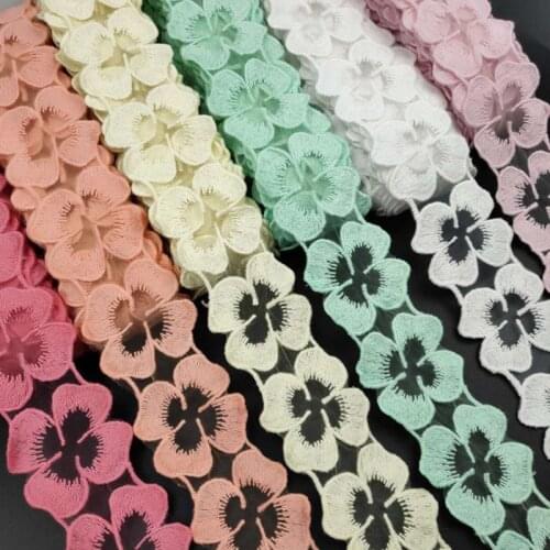 15yards/lot 50mm Transparent Mesh Ribbon with Cotton Floral Embroidered for DIY Dress Clothing Baby Girls Doll Decoration Lace