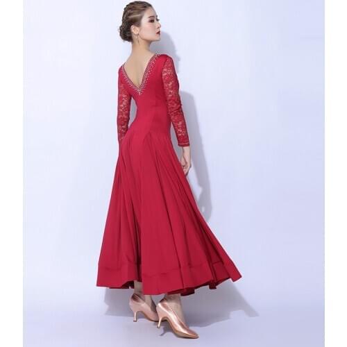 Ballroom Dance Dress Lace Long Sleeves V-Neck Tango Waltz Dress Evening Party Performance Dress Rhinestone Red Long Dress DB2380