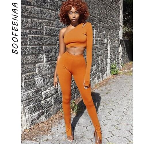 BOOFEENAA Two Piece Set One Shoulder Long Sleeve Crop Top and Pants Fashion Clothes Woman 2020 Sexy Club Outfits C70-CC29