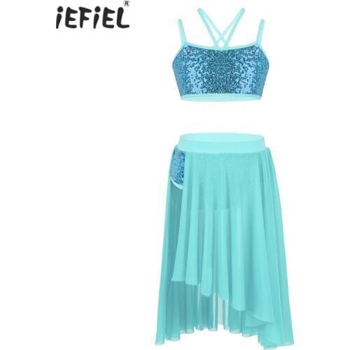 Iefiel Kids Girls Sequins Latin Dress Costumes Outfit Crop Top with Tulle Skirt Girls Latin Ballet Stage Performance Dancewear