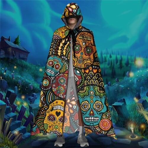 Classic Sugar Skull Print Unisex Adult Hooded Cloak Halloween Christmas Cloak Vampire Witch Cape Cosplay Costume Poncho Mujer