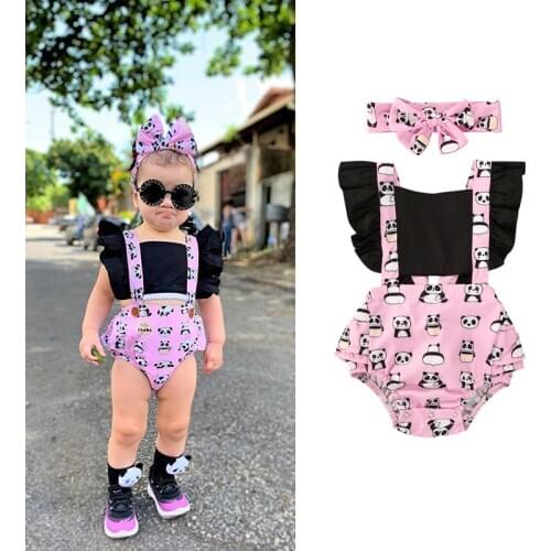 2020 Newly Summer Toddler Baby Girls Bodysuits Headband 2pcs Animal Print Ruffles Short Sleeve Jumpsuits