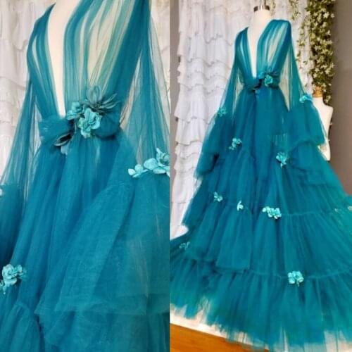 Pretty Teal 3D Flower Tulle Formal Event Dresses Long Flare Sleeves See Thru A-line Mesh Robe Pregnant Women Dress