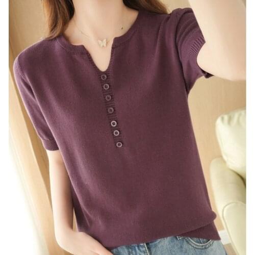 LJSXLS Basic Women Clothing Sweaters Summer Casual Knitted Short Sleeve Womens Sweater Chic Button Solid Pullovers Top Femme