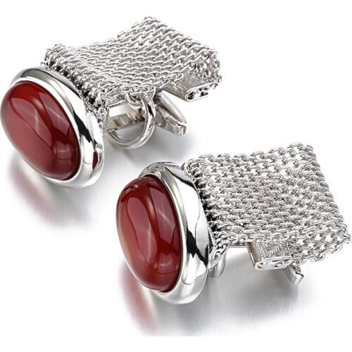 Hot Luxury Red Onyx Cufflinks for Mens High Quality ellipse Stone chain Cuff links Lepton Brand Men Shirt Cuffs Cuff links
