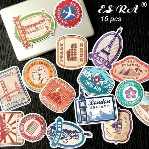 16 Pcs/Set 7~10cm Retro Cities Stamp Stickers Waterproof PVC Landmark Buildingl Stickers Toys laptop Luggage Journal Decorate