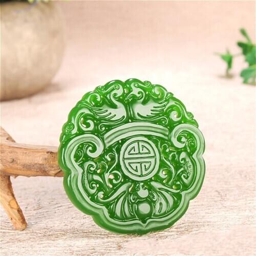 Natural Green Jade Mandarin Duck Bat Pendant Necklace Chinese Hollow Out Carved Charm Jewelry Fashion Amulet for Men Women Gifts