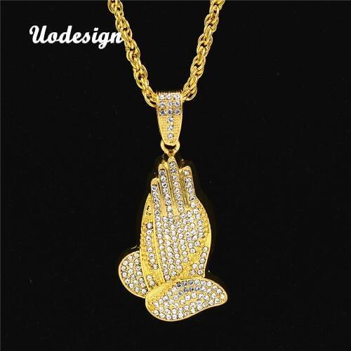 Uodesign 2017 New Gold Praying Hands Hiphop Bling Necklace Mens Gold color Religious Jewelry Iced Out Prayer Jesus Women Men