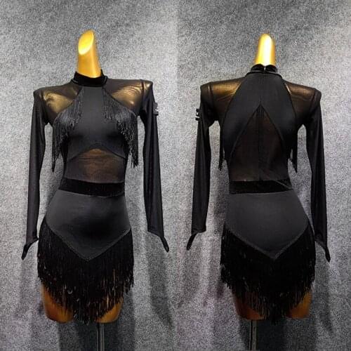 Latin Dance Dress Female Adults Black Long Sleeve Tassel Performance Practice Dreses Rumba Cha Cha Samba Dancing Clothes DN5205