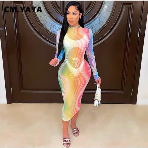 CM.YAYA Tie Dye Mesh See Though Beach Midi Maxi Long Sleeve Dress