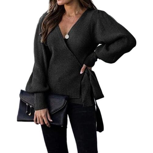 European and American new products for fall/winter womens pullover sweater V-neck chest wrap sweater with belt