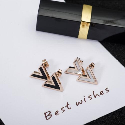 YUN RUO Brand 316L Stainless Steel Rose Gold Color White Black Shell V Shape Stud Earring Woman Jewelry Prevent Allergy and Fade