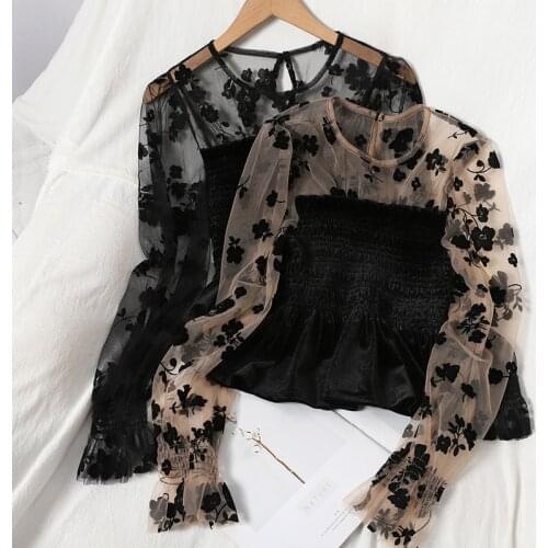 2021 Print Women ShirtsFashion Velvet Korean Fashion Vintage Autumn Winter Sexy Long sleeveO- neck Mesh Patchwork Blouses Tops