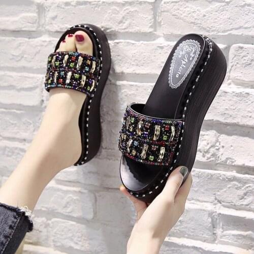 2021 New Luxury Designer Women Rhinestone Slippers Platform Wedges Heel Solid fashion Slides Outside Sexy Shoes Ladies Whosale